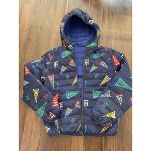 Tommy Hilfiger Boys Reversible Puffer Jacket Blue Logo Print Hooded Coat Kids